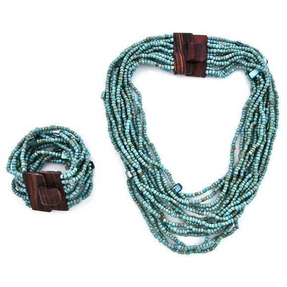 Jeweled Turquoise Seed Bead Necklace Bracelet Wooden Bead Necklace Multi Strand - Picture 7 of 8